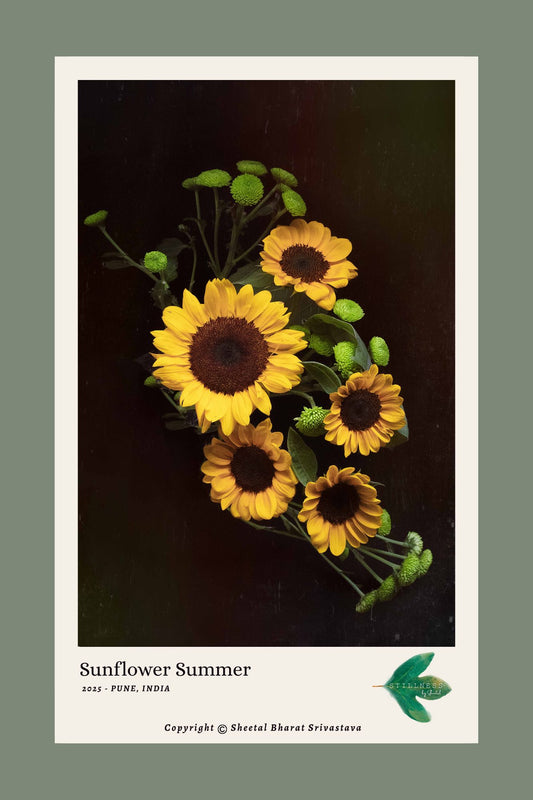 Photo of a sunflower arrangement on a dark background with 'Sunflower Summer' text.