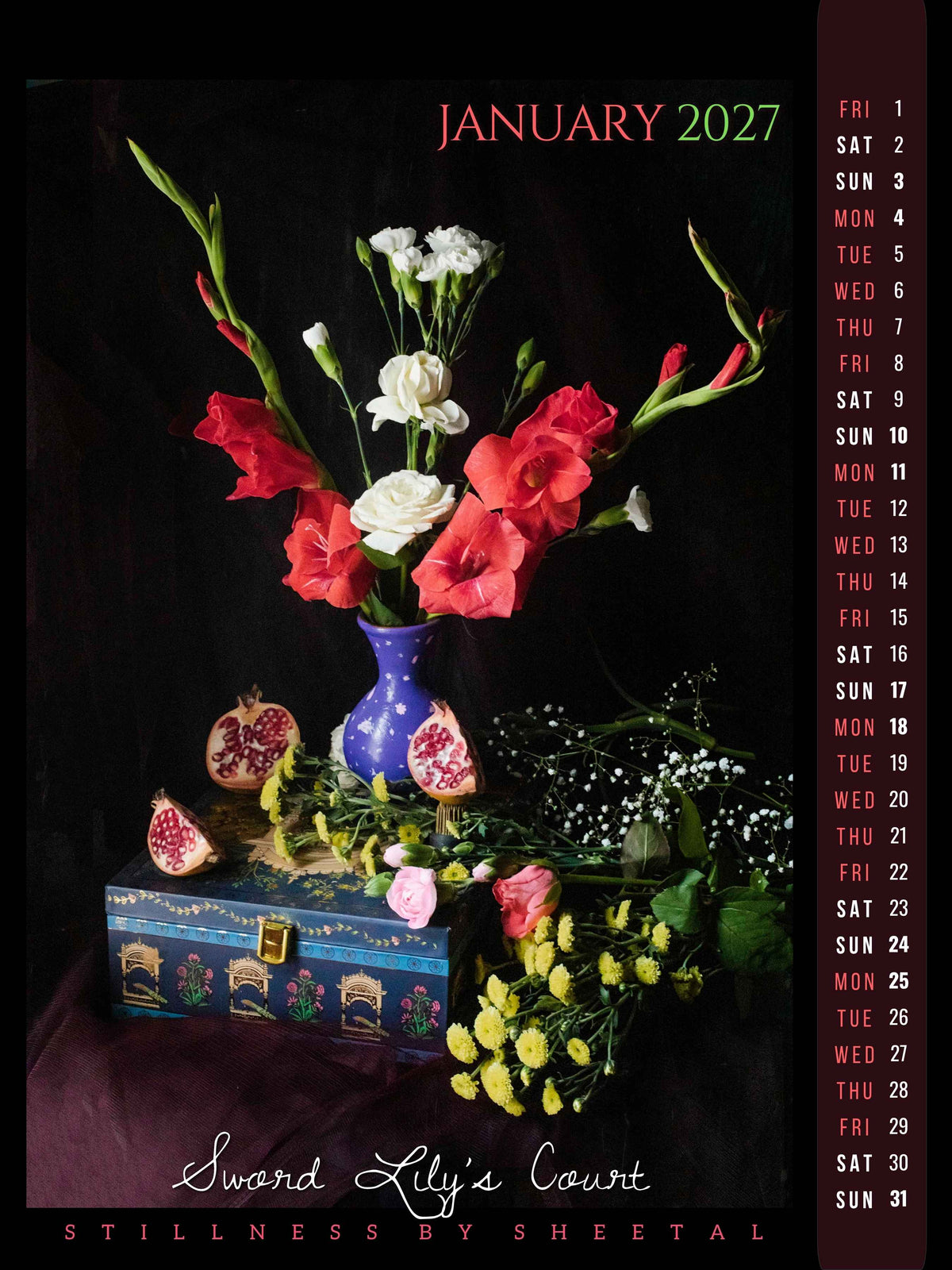 January calendar page, "Sword Lily's Court" — coral gladioli and white roses in a blue hand-painted vase, with pomegranate halves and a decorative box, fine art still life photograph by Stillness by Sheetal