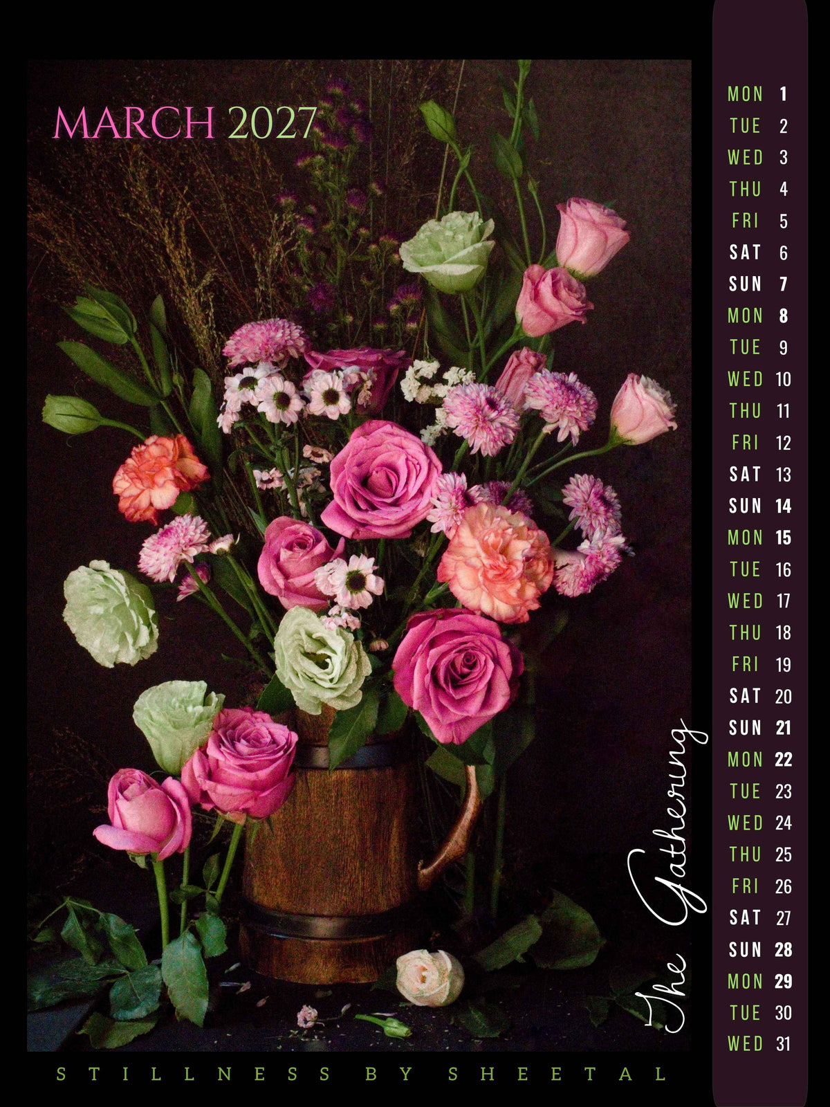 March calendar page, "The Gathering" — a lush arrangement of pink and cream roses with dried grasses in a rustic wooden mug, fine art still life photograph by Stillness by Sheetal